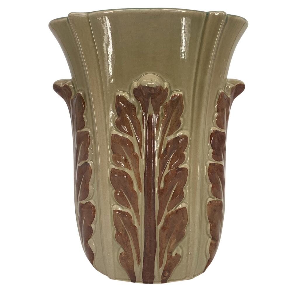 Vintage 1940s Studio Pottery Vase Brown Green Scalloped Rim Leaf Relief MCM